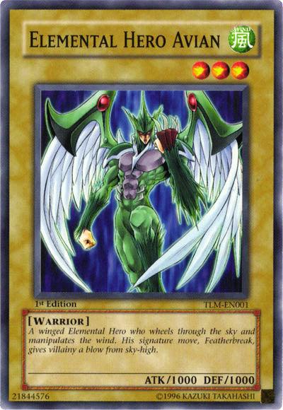 A "Yu-Gi-Oh!" trading card titled **Elemental Hero Avian [TLM-EN001] Common**, featuring a green-skinned, winged warrior with a muscular physique and elaborate white wings. This Common, Normal Monster from The Lost Millennium set has 1000 attack and 1000 defense points. Text reads: "A winged Elemental Hero who wheels through the sky and manipulates the wind.