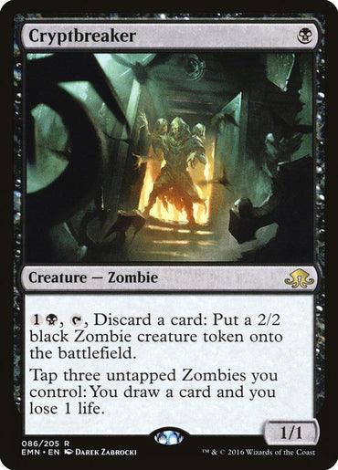 A Magic: The Gathering product titled "Cryptbreaker [Eldritch Moon]" from the Eldritch Moon set depicts a zombie with glowing eyes emerging from a crypt. Its abilities include creating 2/2 black Zombie creature tokens and drawing a card by tapping three untapped Zombies at the cost of 1 life.