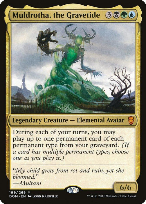 A Magic: The Gathering product titled "Muldrotha, the Gravetide [Dominaria]." It is a Legendary Creature - Elemental Avatar, featuring a green spectral entity with tree-like branches emerging from it. The card's stats are 6/6, and its ability allows playing a permanent of each type from the graveyard each turn.