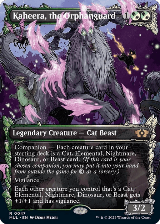 Image of a Magic: The Gathering card titled "Kaheera, the Orphanguard [Multiverse Legends]." This Legendary Creature is a large Cat Beast with glowing eyes and a greenish hue, standing majestically amidst mystical elements. Abilities include "Companion," "Vigilance," and benefits for various creature types. Rating: 3/2. Artist: Denis Medri.
