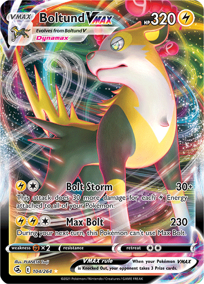 A Pokémon trading card of Boltund VMAX (104/264) [Sword & Shield: Fusion Strike] from Pokémon, featuring a dynamic, colorful background. Boltund appears as a yellow, white, and gray canine-like creature with lightning spikes and a determined expression. This Ultra Rare card has 320 HP and features moves "Bolt Storm" and "Max Bolt." It’s numbered 104/264.