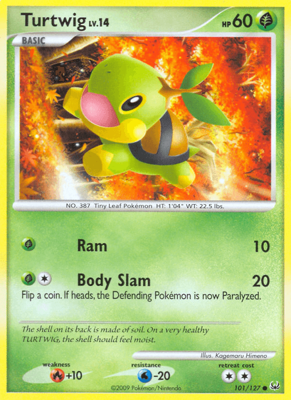 An illustration of the Pokémon Turtwig card, numbered 101 out of 127 from the Platinum: Base Set series. Amid vibrant autumn leaves, this Grass-type card highlights its name and stats at the top with 60 HP. It showcases two moves: 