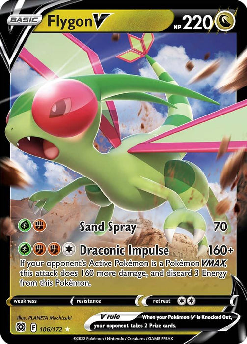 A colorful Pokémon card from the Sword & Shield: Brilliant Stars series, numbered 106/172, features Flygon V with HP 220. This insectoid dragon with a green body, red eyes, and large red-tinted wings is executing an attack. The card details "Sand Spray" (70 damage) and "Draconic Impulse" (160+ damage).
