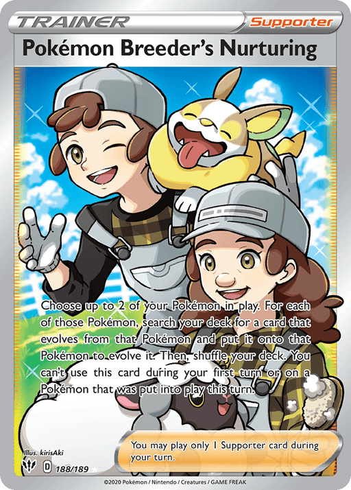 A Pokémon card titled "Pokemon Breeder's Nurturing (188/189) [Sword & Shield: Darkness Ablaze]," from the Darkness Ablaze set, featuring two happy trainers—one holding a cheerful Yamper and the other with a Poké Ball. The holographic background glows with rays of light. This Supporter card explains nurturing Pokémon by searching for evolution cards in the deck.