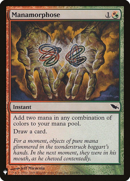The image is a Magic: The Gathering card named "Manamorphose [Mystery Booster]," part of the Mystery Booster set. The artwork depicts glowing, multicolored mana swirling between two outstretched, clawed hands. This instant card has a green border, costs one red and one green mana, and its text says it adds two mana of any color and draws a card.