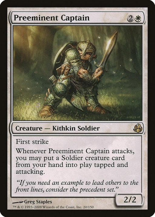 A Magic: The Gathering card titled "Preeminent Captain [Morningtide]" with a casting cost of two generic mana and one white mana. This 2/2 Kithkin Soldier has First Strike and an ability that lets you put a Soldier creature from hand onto the battlefield tapped and attacking when Preeminent Captain [Morningtide] attacks. The flavor text reads: "If you need an example to lead others to the front