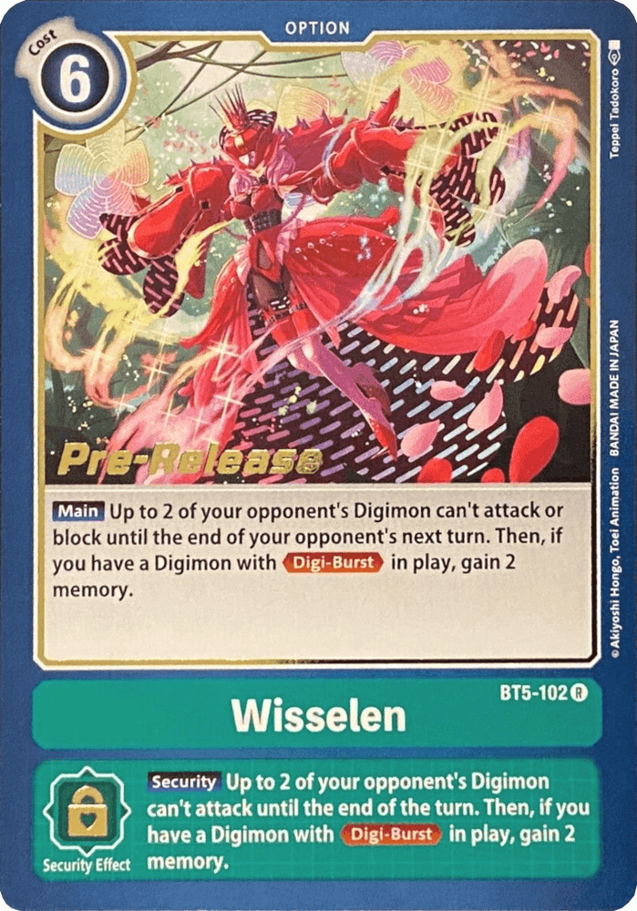 The Wisselen [BT5-102] card from the Digimon Battle of Omni Pre-Release Promos features a red humanoid adorned in flowing garments and claws, encircled by energy. The card text details abilities such as blocking opponent attacks and gaining memory, along with specific security effect conditions.