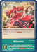 The Wisselen [BT5-102] card from the Digimon Battle of Omni Pre-Release Promos features a red humanoid adorned in flowing garments and claws, encircled by energy. The card text details abilities such as blocking opponent attacks and gaining memory, along with specific security effect conditions.