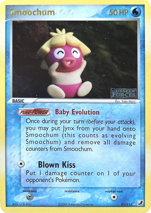 A rare Smoochum (31/115) (Stamped) [EX: Unseen Forces] Pokémon card from the Pokémon series. It has 50 HP and is a Basic Pokémon. The card features Smoochum sitting on a pink rock in a park-like setting. Its abilities are "Baby Evolution" and "Blown Kiss." The illustrator is listed as Yuka Morii. The card number is 31/115.
