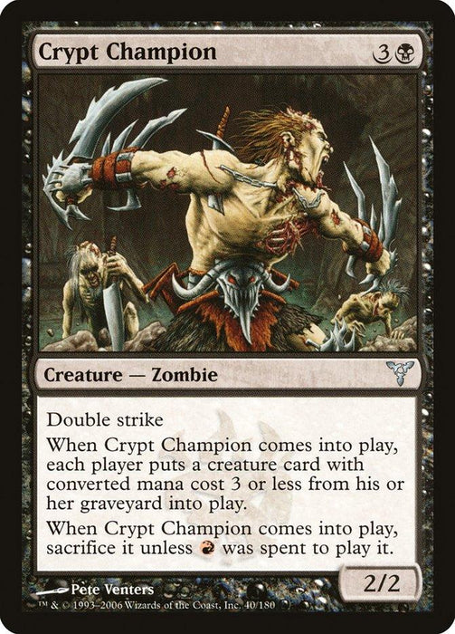 The Magic: The Gathering card, Crypt Champion [Dissension], showcases a formidable Zombie creature with double strike and 2/2 power and toughness. Its unique abilities allow each player to put a creature card from the graveyard into play, with a sacrifice condition unless a red mana was spent to cast it.