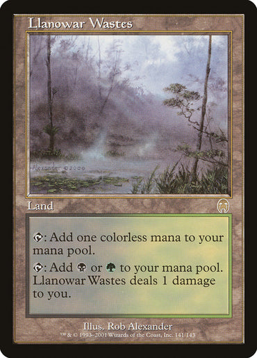 The Magic: The Gathering card "Llanowar Wastes [Apocalypse]" features a desolate landscape illustration by Rob Alexander, offering colorless or green/black mana at the cost of 1 damage.