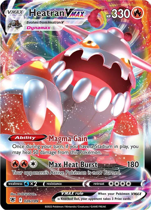 A Pokémon card featuring the Ultra Rare Heatran VMAX (026/189) [Sword & Shield: Astral Radiance] with 330 HP. The card boasts a "Magma Gain" ability and an attack named "Max Heat Burst" which deals 180 damage and burns the opponent’s active Pokémon. Numbered 026/189, it showcases dynamic, fiery swirls on a colorful background.