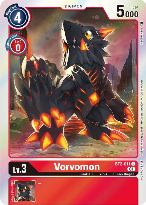 A Digimon trading card from the Release Special Booster Promos features Vorvomon [BT2-011], a Rock Dragon-type with black scales and glowing red-orange markings. This Level 3 Rookie Digimon has a play cost of 4, a digivolve cost of 0, boasts 5000 DP, and includes the Thunderclap effect.