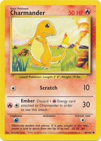 A Pokémon trading card featuring Charmander (46/102) [Base Set Unlimited] from the Pokémon brand. The Fire Type card has 50 HP and shows Charmander standing in front of a sunny background. It lists two attacks: Scratch (10) and Ember (30). With Common Rarity, it details Charmander's weight (19 lbs) and height (2'0