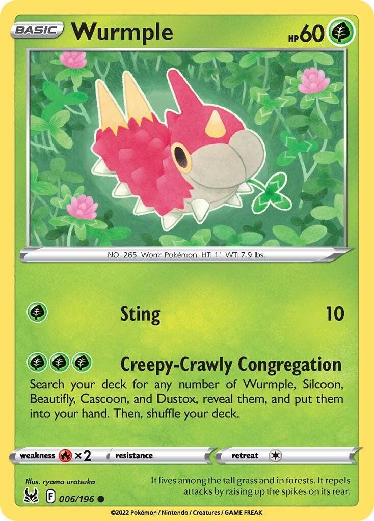 An image of a Wurmple Pokémon card from the Sword & Shield: Lost Origin series. The card features Wurmple, a red, worm-like creature with yellow spikes and green grass in the background. Identified as Wurmple (006/196), it has 60 HP and two moves: 