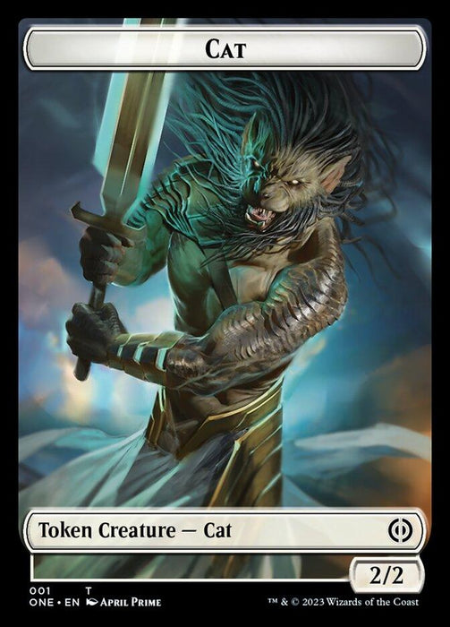 A fantasy card image shows an anthropomorphic cat warrior holding a large sword. The creature has long, flowing, dark fur and is dressed in golden armor. The background is an ethereal, misty scene with dynamic lighting. Text on the card classifies it as a "Phyrexian Mite (011) // Cat Double-Sided Token [Phyrexia: All Will Be One Tokens]" with power and toughness of 2/2 from Magic: The Gathering.