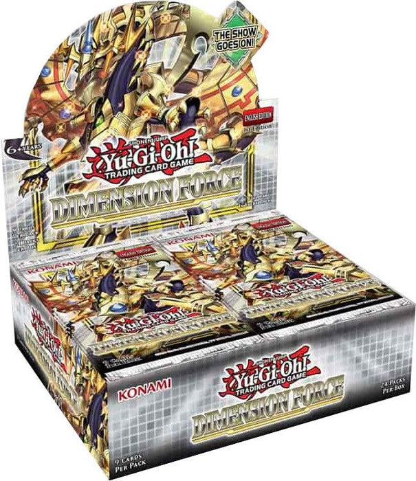 An open display box of Yu-Gi-Oh! Dimension Force - Booster Box (1st Edition). The box showcases multiple booster packs, each featuring vibrant artwork and the Yu-Gi-Oh! TRADING CARD GAME logo. The text "The Show! Goes On!" and "Konami" are visible on the packaging. The box is designed in gold and silver colors.