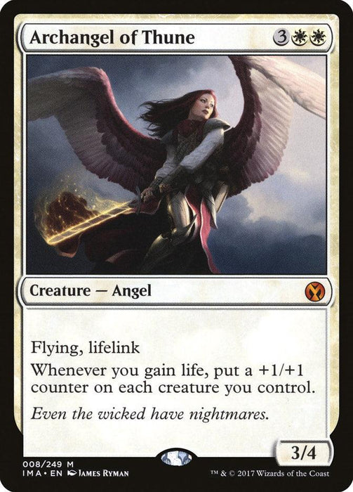 A Magic: The Gathering card named "Archangel of Thune [Iconic Masters]" costs 3 generic and 2 white mana. This 3/4 Angel creature boasts flying and lifelink, placing a +1/+1 counter on each controlled creature whenever you gain life. Its flavor text reads, "Even the wicked have nightmares.