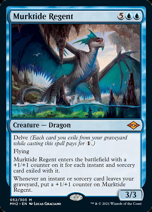 The image is a Magic: The Gathering card titled "Murktide Regent [Modern Horizons 2]." This Mythic Rare from Modern Horizons 2 features a blue Creature — Dragon with large wings, flying over a dark, murky landscape with lightning in the background. With Delve abilities and +1/+1 counters, it costs 5UU to cast and has stats of 3/3. Illustrated by Lucas Gr.