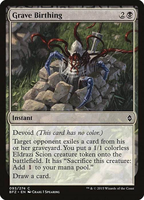 A Magic: The Gathering card titled "Grave Birthing [Battle for Zendikar]." The artwork depicts a dark, shadowy entity emerging from a grave made of slabs of stone. The creature has multiple red, tendril-like appendages. This instant spell card from the Battle for Zendikar set details its Devoid nature and effects, including the creation of an Eldrazi Scion token.