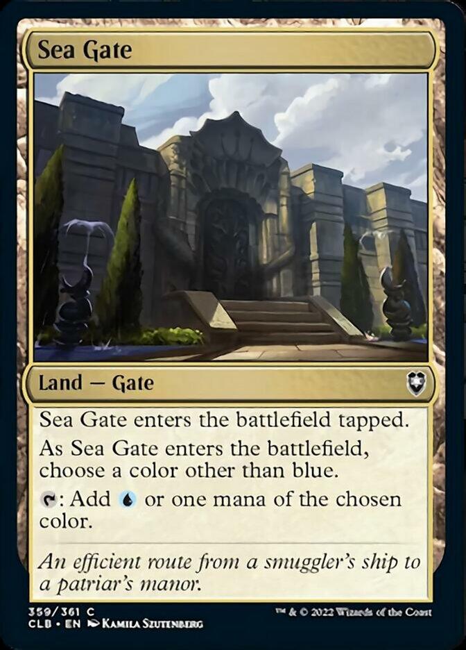 A Magic: The Gathering card titled "Sea Gate [Commander Legends: Battle for Baldur's Gate]" from Magic: The Gathering. It features a grand stone gate with steps leading to large double doors, flanked by tall pillars and lush greenery. This Land — Gate enters the battlefield tapped and lets you choose a color other than blue.