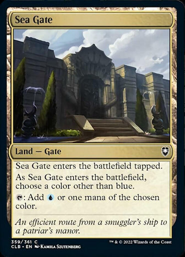 A Magic: The Gathering card titled "Sea Gate [Commander Legends: Battle for Baldur's Gate]" from Magic: The Gathering. It features a grand stone gate with steps leading to large double doors, flanked by tall pillars and lush greenery. This Land — Gate enters the battlefield tapped and lets you choose a color other than blue.