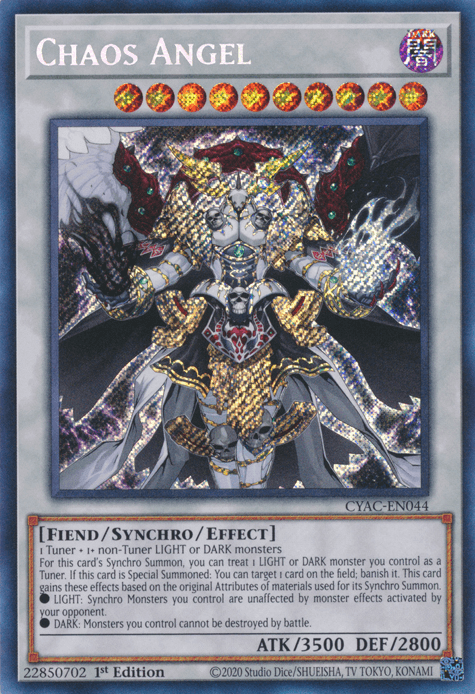 An image of the Chaos Angel [CYAC-EN044] Secret Rare Yu-Gi-Oh! trading card, a stunning Secret Rare from Cyberstorm Access. The card features a fiendish, angelic creature with black and white wings, wearing ornate armor, and holding a staff. Its stats are ATK/3500 and DEF/2800. It is a 1st Edition with card number CYAC-EN044.