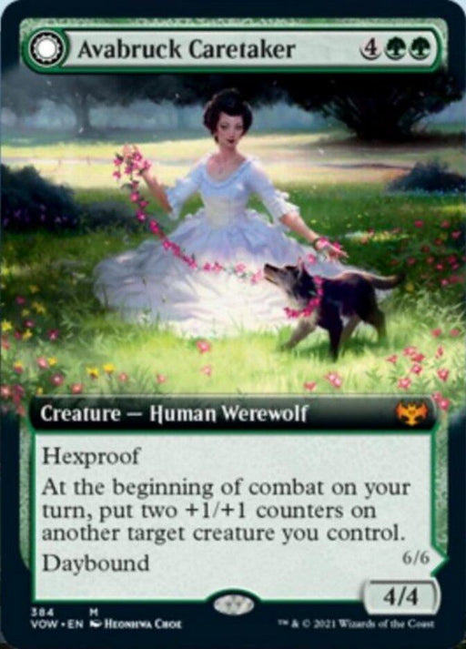 The image is an Avabruck Caretaker // Hollowhenge Huntmaster (Extended Art) [Innistrad: Crimson Vow] Magic: The Gathering card. It features a woman in a white dress, sitting in a grassy field with flowers, petting a black wolf. The card costs 4 green mana and 2 generic mana, has 4/4 power/toughness, and boasts Hexproof and Daybound abilities.
