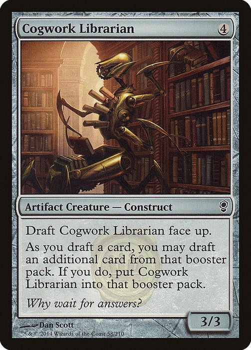 The image shows a Magic: The Gathering card named "Cogwork Librarian [Conspiracy]." This Artifact Creature Construct has a casting cost of 4 colorless mana. Illustrated as a mechanical spider-like creature holding books, it has a power and toughness of 3/3. Text reads: "Draft Cogwork Librarian face up. As you draft a card, you may draft an additional card from that booster.