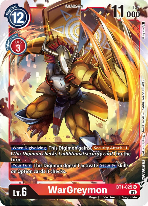 A Digimon trading card for "WarGreymon [BT1-025] (ST-11 Special Entry Pack) [Release Special Booster Promos]" from the Release Special Booster series. The card displays an armored, dragon-like humanoid with yellow wings and claws, encased in metal. It has a red border, with level, DP, play cost, and various abilities listed. WarGreymon is depicted in a dynamic, battle-ready pose against a textured backdrop.
