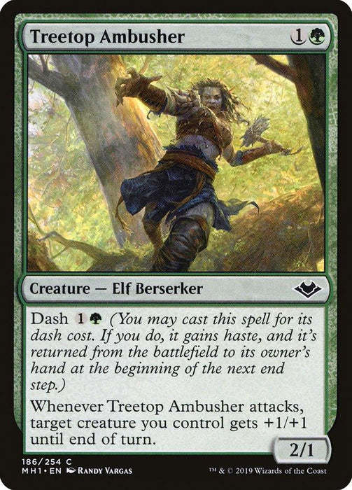 A Magic: The Gathering card from Modern Horizons, Treetop Ambusher [Modern Horizons] costs 1 green mana and 1 mana of any type to play. Featuring an Elf Berserker in a forest, it has Dash for the same cost. This 2/1 creature grants +1/+1 to a target creature when attacking.