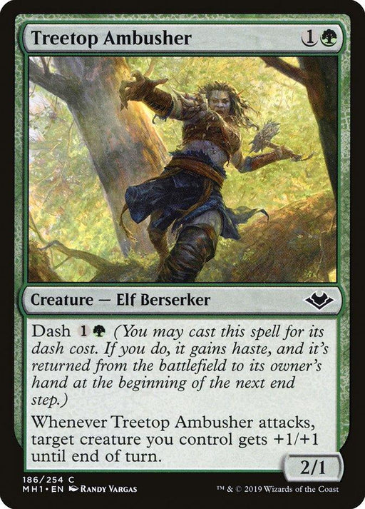 A Magic: The Gathering card from Modern Horizons, Treetop Ambusher [Modern Horizons] costs 1 green mana and 1 mana of any type to play. Featuring an Elf Berserker in a forest, it has Dash for the same cost. This 2/1 creature grants +1/+1 to a target creature when attacking.