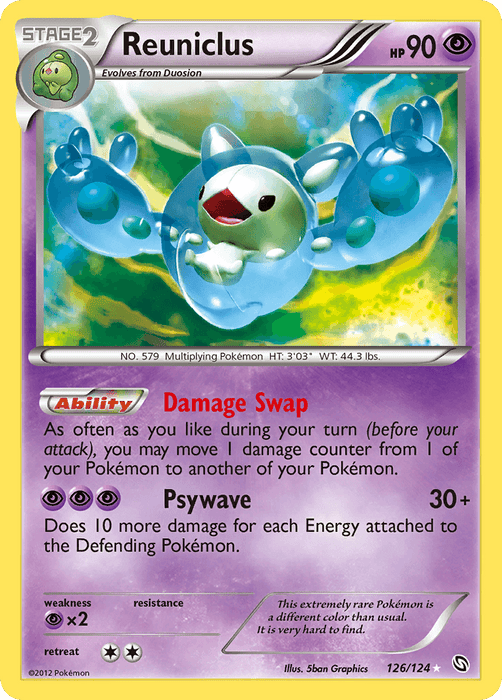 The image shows a Pokémon trading card for Reuniclus (126/124) [Black & White: Dragons Exalted] from the Pokémon series. Reuniclus, depicted as a green, cell-like creature surrounded by a jelly-like substance, boasts 90 HP, the Psychic ability "Damage Swap," and the move "Psywave," which does 30+ damage. Weakness, resistance, and retreat cost are shown at the bottom.