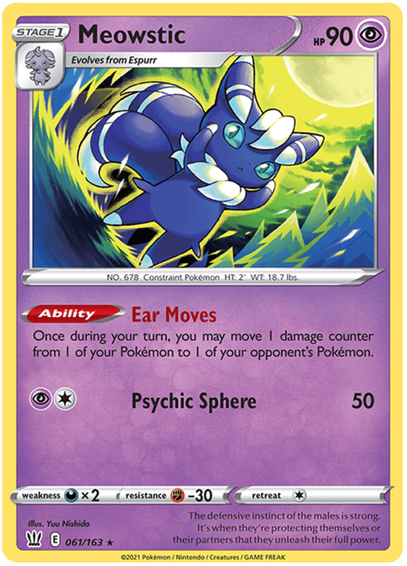 This Holo Rare Pokémon trading card features Meowstic, a blue cat-like Pokémon with white accents, large ears, and piercing yellow eyes. With 90 HP and a Psychic type designation, it boasts the 