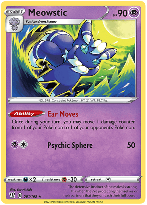 This Holo Rare Pokémon trading card features Meowstic, a blue cat-like Pokémon with white accents, large ears, and piercing yellow eyes. With 90 HP and a Psychic type designation, it boasts the "Ear Moves" ability and "Psychic Sphere" attack (50 damage). Retreat cost is 1. Illustrated by Yuu Nishida in Battle Styles. The specific product is Meowstic (061/163) [Sword & Shield: Battle Styles] by Pokémon.