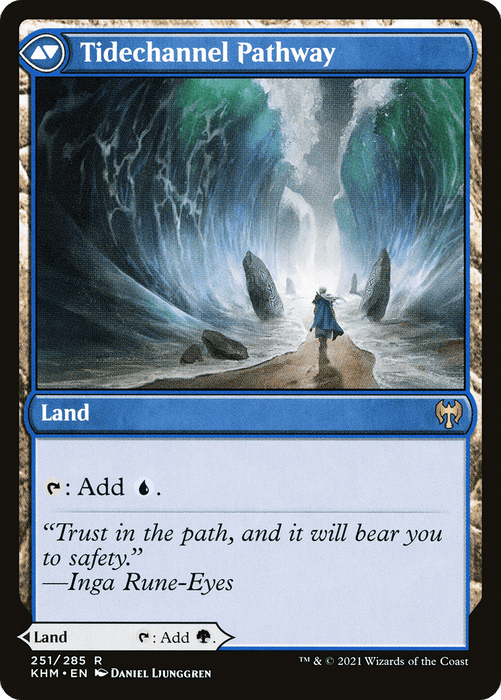 A rare land "Magic: The Gathering" card, "Barkchannel Pathway // Tidechannel Pathway [Secret Lair: From Cute to Brute]," depicts a robed figure walking along a rocky path flanked by towering tidal waves. The card text reads, "Trust in the path, and it will bear you to safety. – Inga Rune-Eyes." It has blue and green mana symbols. Perfect for Secret Lair collectors.