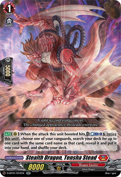 The "Cardfight!! Vanguard" game's Dragon Empire collection features a Double Rare card named "Stealth Dragon, Tensha Stead (D-BT01/012EN)" from the [Genesis of the Five Greats] set, produced by Bushiroad. This card showcases a red and white dragon with fierce claws and glowing eyes, enveloped in swirling energy. It boasts stats of 1st Grade, 5000 shield, 8000 power, and 1 Critical.