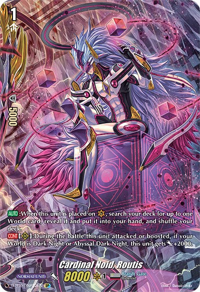 A card from Genesis of the Five Greats, produced by Bushiroad, features a robotic warrior named Cardinal Noid, Routis (D-BT01/SP32EN). The character is adorned with purple and gold armor, wielding a large sword and surrounded by vibrant swirls of purple and pink hues with geometric patterns. The bottom of the card displays stats such as "8000/1" and other abilities.