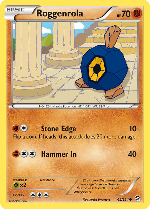 A Common Pokémon Roggenrola (65/124) [Black & White: Dragons Exalted] trading card from the Black & White: Dragons Exalted series featuring Roggenrola, a fighting-type Pokémon. Roggenrola appears as a blue, spherical rock with a single yellow eye in the center. The card's backdrop includes ancient stone pillars. Moves listed: "Stone Edge" and "Hammer In." HP is 70, and the card is numbered 65/124.