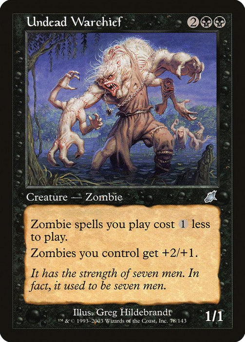 The image is a Magic: The Gathering card named "Undead Warchief [Scourge]," an uncommon creature depicting a monstrous zombie with pale skin, tattered clothing, and wild hair, surrounded by smaller zombies. The card text states that zombie spells cost 1 less to play and zombies you control get +2/+1. The illustration is by Greg Hildebrandt.