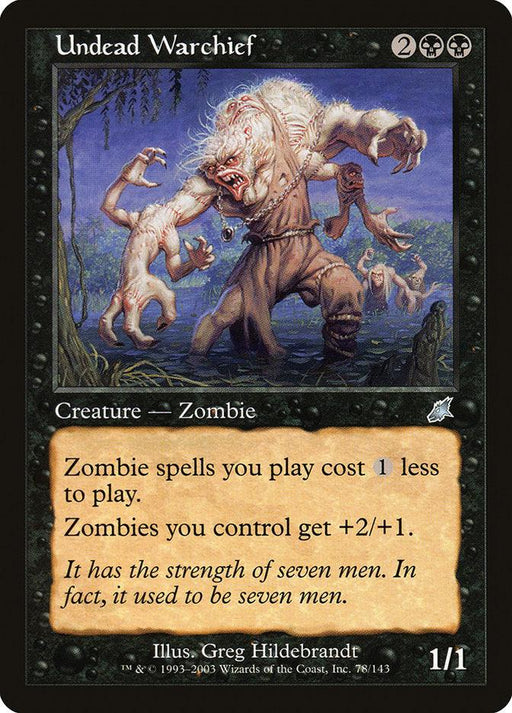 The image is a Magic: The Gathering card named "Undead Warchief [Scourge]," an uncommon creature depicting a monstrous zombie with pale skin, tattered clothing, and wild hair, surrounded by smaller zombies. The card text states that zombie spells cost 1 less to play and zombies you control get +2/+1. The illustration is by Greg Hildebrandt.