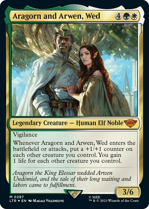 An Magic: The Gathering card titled "Aragorn and Arwen, Wed [The Lord of the Rings: Tales of Middle-Earth]" depicts an elegant scene with two characters, a man and a woman, adorned in regal attire. As a Mythic Legendary Creature from The Lord of the Rings set, the card features a gold border with detailed abilities and a description at the bottom.