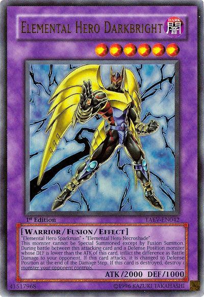 A Yu-Gi-Oh! Ultra Rare card titled "Elemental Hero Darkbright [TAEV-EN042]" featuring a Fusion/Effect Monster warrior with one side clad in dark armor and the other in bright, golden armor. Stats: ATK 2000, DEF 1000. The card description and effect details are below the image of the warrior. The card's background is purple.