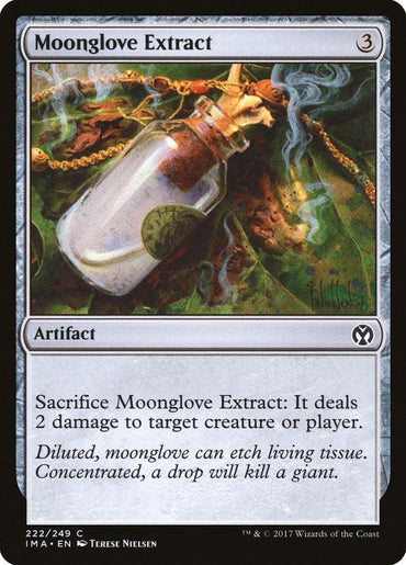 The image showcases a Magic: The Gathering product named "Moonglove Extract [Iconic Masters]" from the Magic: The Gathering brand. This Artifact, with a mana cost of three colorless mana, features artwork of a potion bottle containing leafy liquid. It can be sacrificed to deal 2 damage to any target.