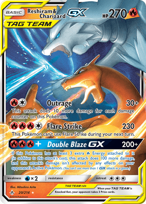 A Pokémon Reshiram & Charizard GX (20/214) [Sun & Moon: Unbroken Bonds] from the Pokémon series. This Ultra Rare card has 270 HP and showcases vibrant artwork of these fire-type legends in action. It lists three moves: "Outrage," "Flare Strike," and "Double Blaze GX," with detailed descriptions and damage points for each.