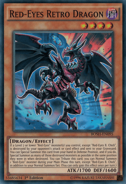 Image of a Yu-Gi-Oh! trading card from the "Breakers of Shadow" series named "Red-Eyes Retro Dragon [BOSH-EN095] Super Rare." The card depicts a dark, mechanical dragon with glowing red eyes and wings outstretched. This Effect Monster boasts ATK 1700 and DEF 1600. The artwork showcases the dragon in an action pose.