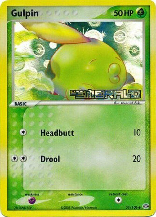 The Gulpin (51/106) (Stamped) [EX: Emerald] Pokémon trading card is from the EX Emerald series and illustrated by Atsuko Nishida. This common card features Gulpin, a green blob-like creature with a yellow feather on its head. It has 50 HP and includes moves such as Headbutt, which deals 10 damage, and Drool, dealing 20 damage.