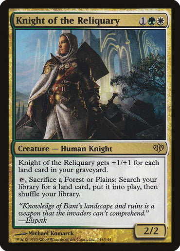 The image depicts the Magic: The Gathering card "Knight of the Reliquary [Conflux]." It shows a female Human Knight in detailed armor wielding a glowing sword, standing before a mountainous background with ruins. The card text and stats are clearly displayed, accompanied by a quote from Elspeth at the bottom.