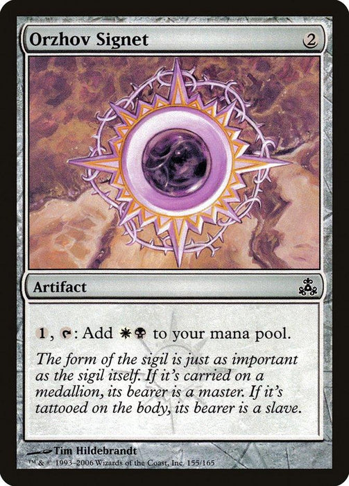 Magic: The Gathering card titled "Orzhov Signet [Guildpact]." This Magic: The Gathering artifact costs 2 colorless mana and allows a player to tap one mana to produce either a white or black mana. The artwork showcases a medallion adorned with a purple gem and an Orzhov symbol, with flavor text at the bottom for added context.