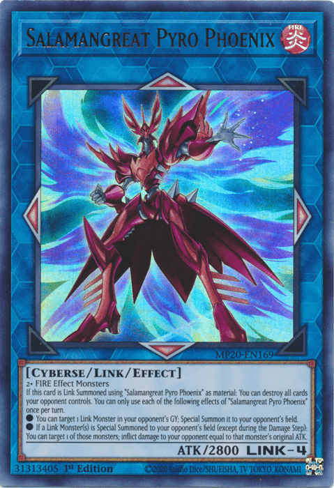 The image shows the "Salamangreat Pyro Phoenix [MP20-EN169] Ultra Rare," a Yu-Gi-Oh! trading card from the 2020 Tin of Lost Memories. The Link/Effect Monster features a red, armored, phoenix-like creature with large wings spread wide amid flames. The Link-4 card has 2800 ATK and detailed summoning effects and abilities.